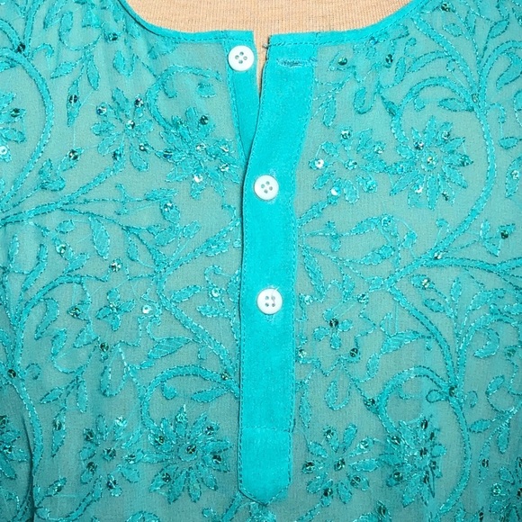 - Womens Aqua Blue & Sequins Sheer Top. Small - Picture 3 of 9